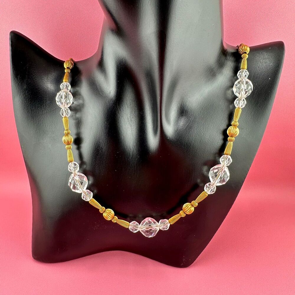 Vintage Simmons Crystal Necklace Gold Tone Textured Metal Tube Beads 17" Signed